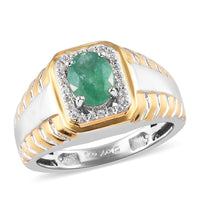 Premium Kagem Zambian Emerald and White Zircon Men's Ring in Vermeil Yellow Gold and Platinum Over Sterling Silver (Size 10.0) 1.35 ctw