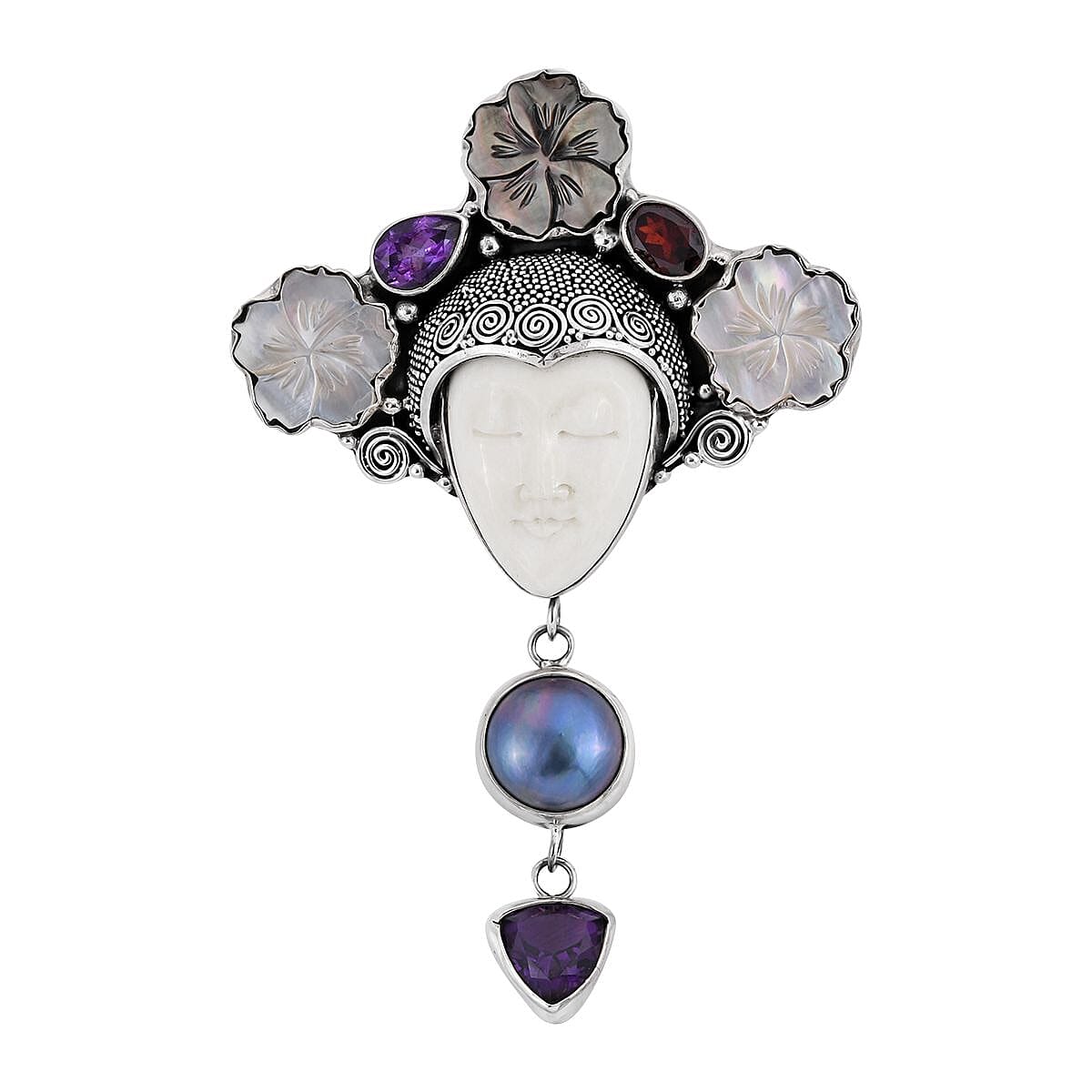 Bali Goddess Carved Bone and Multi Gemstone Pendant in Sterling Silver 5.90 ctw