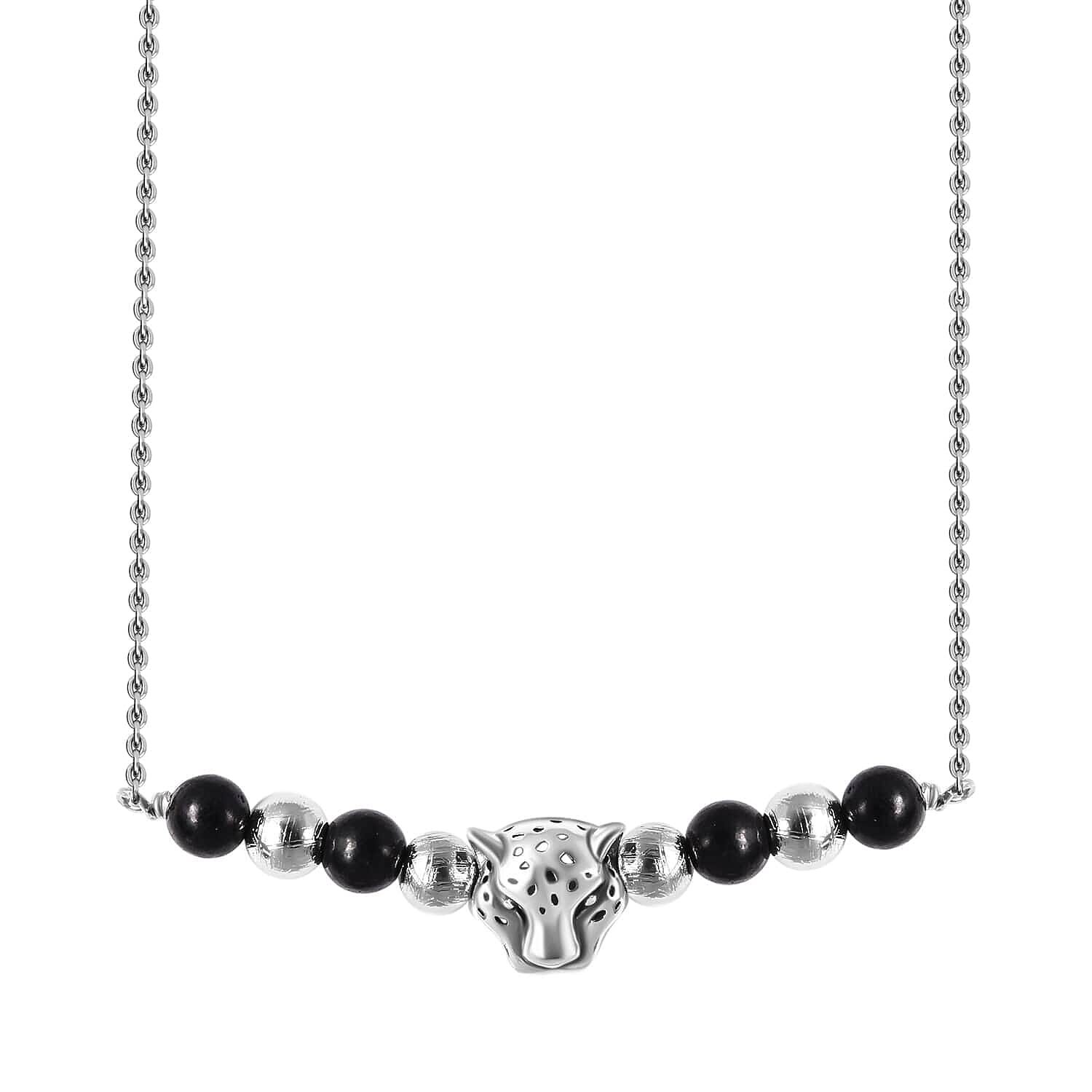 Marvelous Meteorite, Shungite Beaded Leopard Charm Necklace (18 Inches) in Sterling Silver 7.50 ctw