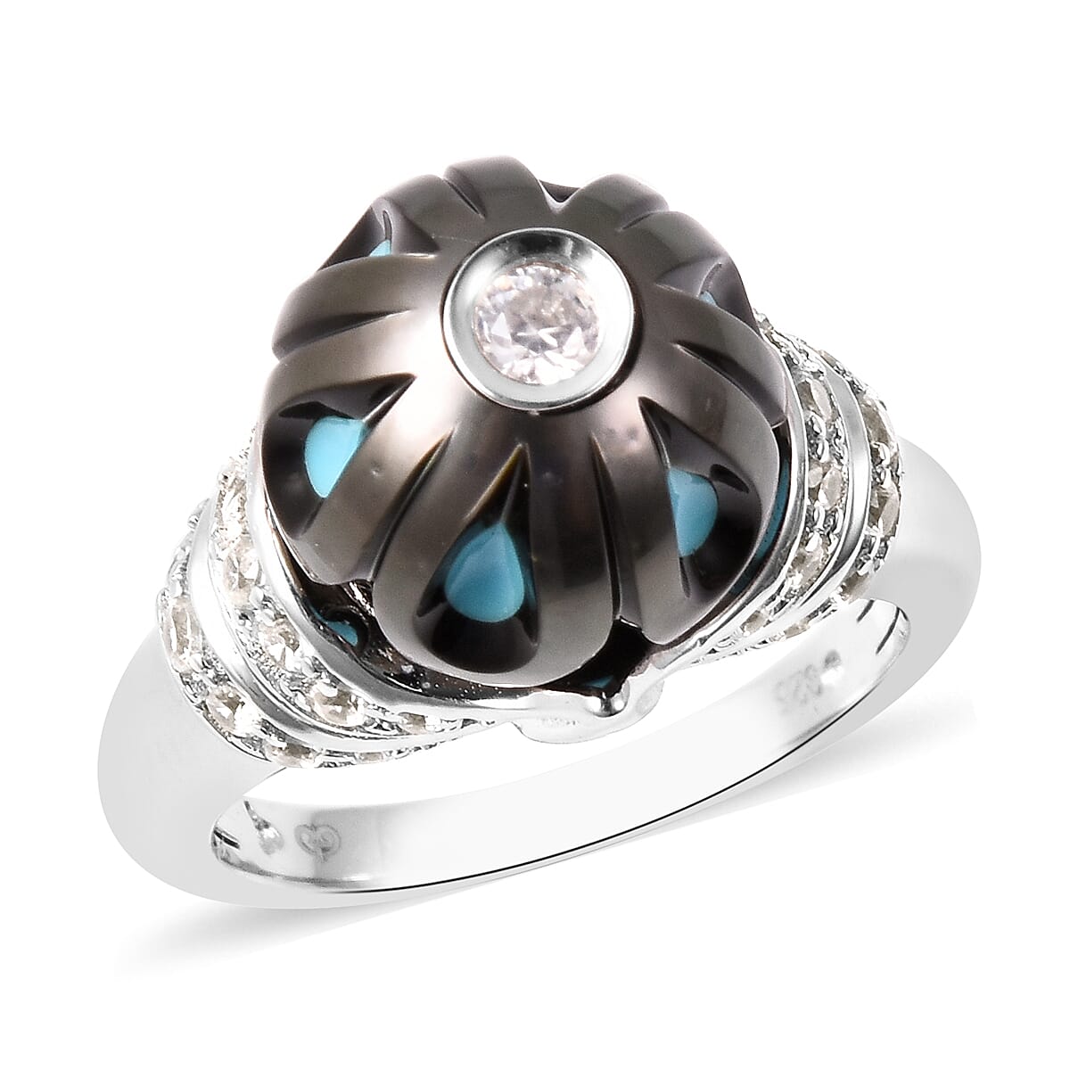 Galatea Pearl Collection Tahitian Pearl Carved and White Zircon Enameled Ring in Rhodium Over Sterling Silver (Size 7.0)