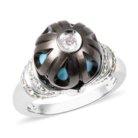 Galatea Pearl Collection Tahitian Pearl Carved and White Zircon Enameled Ring in Rhodium Over Sterling Silver (Size 7.0)