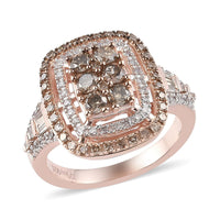 Natural Champagne and White Diamond Cocktail Cushion Shape Ring in Vermeil Rose Gold Over Sterling Silver 1.00 ctw (Del. in 8-10 Days)