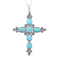 5.00 ctw Natural Arizona Sleeping Beauty Turquoise, Tanzanite Cross Pendant Necklace 20 Inches in Platinum Over Sterling Silver 8 Grams