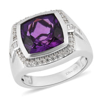 Premium Lusaka Amethyst and White Zircon Men's Ring in Platinum Over Sterling Silver (Size 10.0) 8.15 ctw