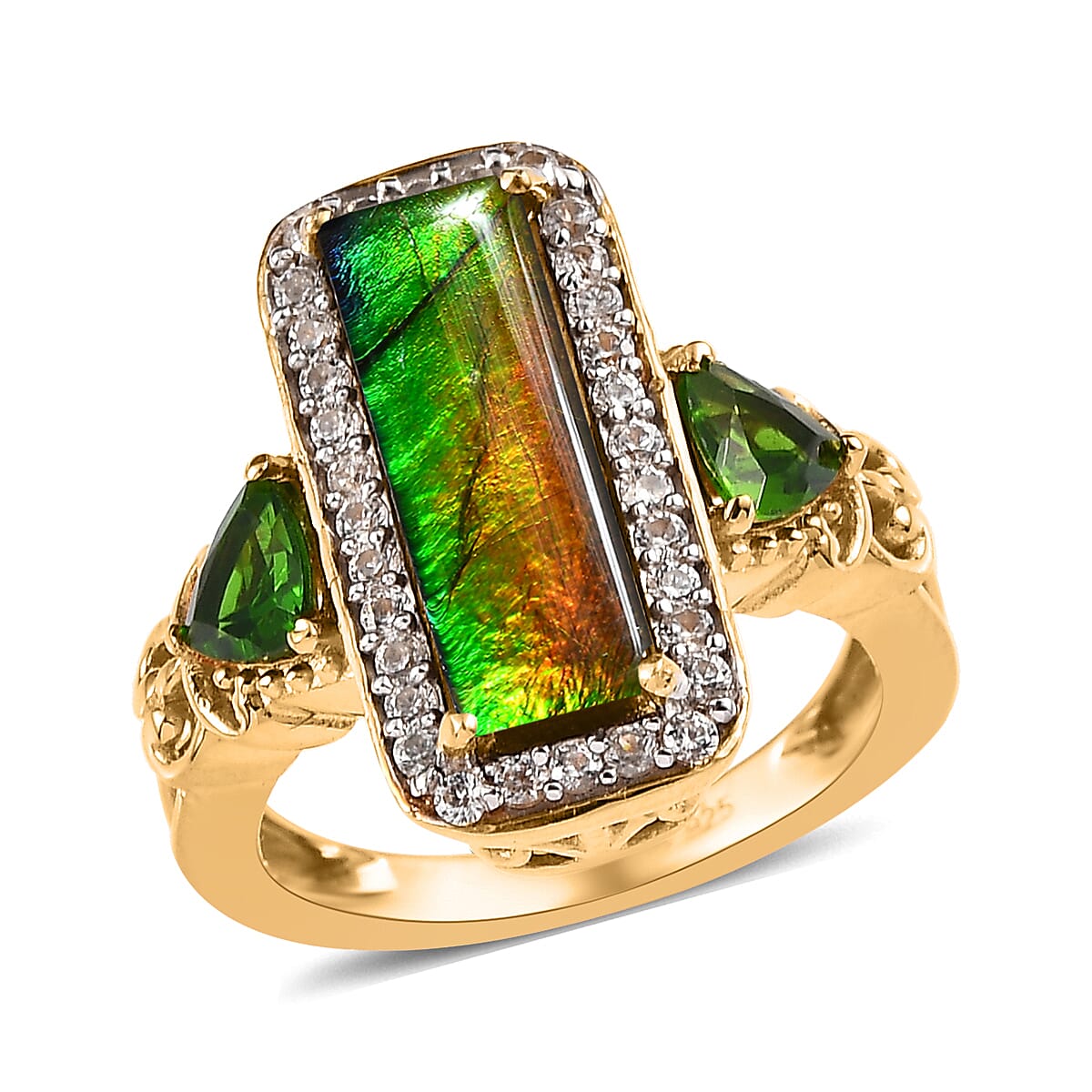 Canadian Ammolite and Multi Gemstone Ring in Vermeil YG Over Sterling Silver 1.00 ctw