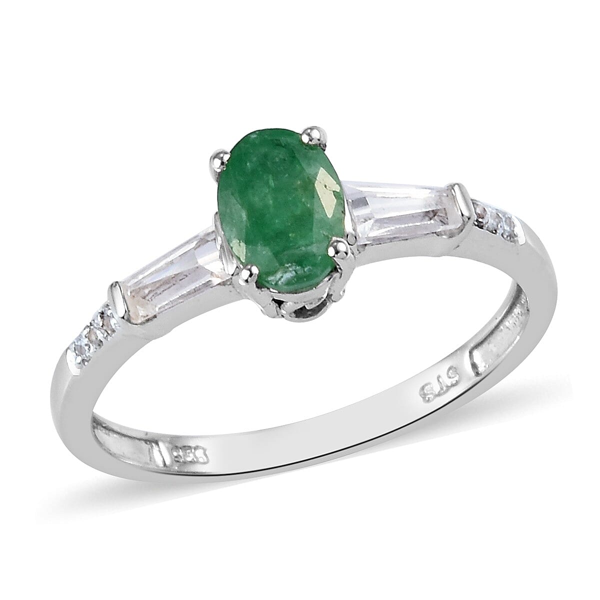 Emerald and Zircon Ring in Platinum Over Sterling Silver 1.80 ctw