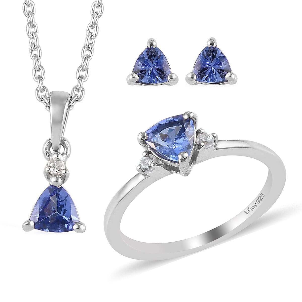 AAA Tanzanite and Natural White Zircon Stud Earrings, Solitaire Ring Size 10 and Pendant Necklace 20 Inches in Platinum Over Sterling Silver 1.75 ctw