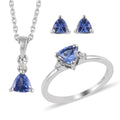 AAA Tanzanite and Natural White Zircon Stud Earrings, Solitaire Ring Size 10 and Pendant Necklace 20 Inches in Platinum Over Sterling Silver 1.75 ctw - Sticky add to cart bar