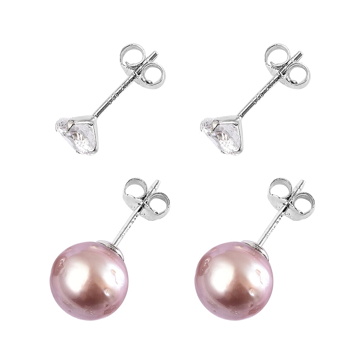 Set of 2 Purple Anhui Freshwater Cultured Pearl and Simulated Diamond Earrings in Rhodium Over Sterling Silver 1.50 ctw
