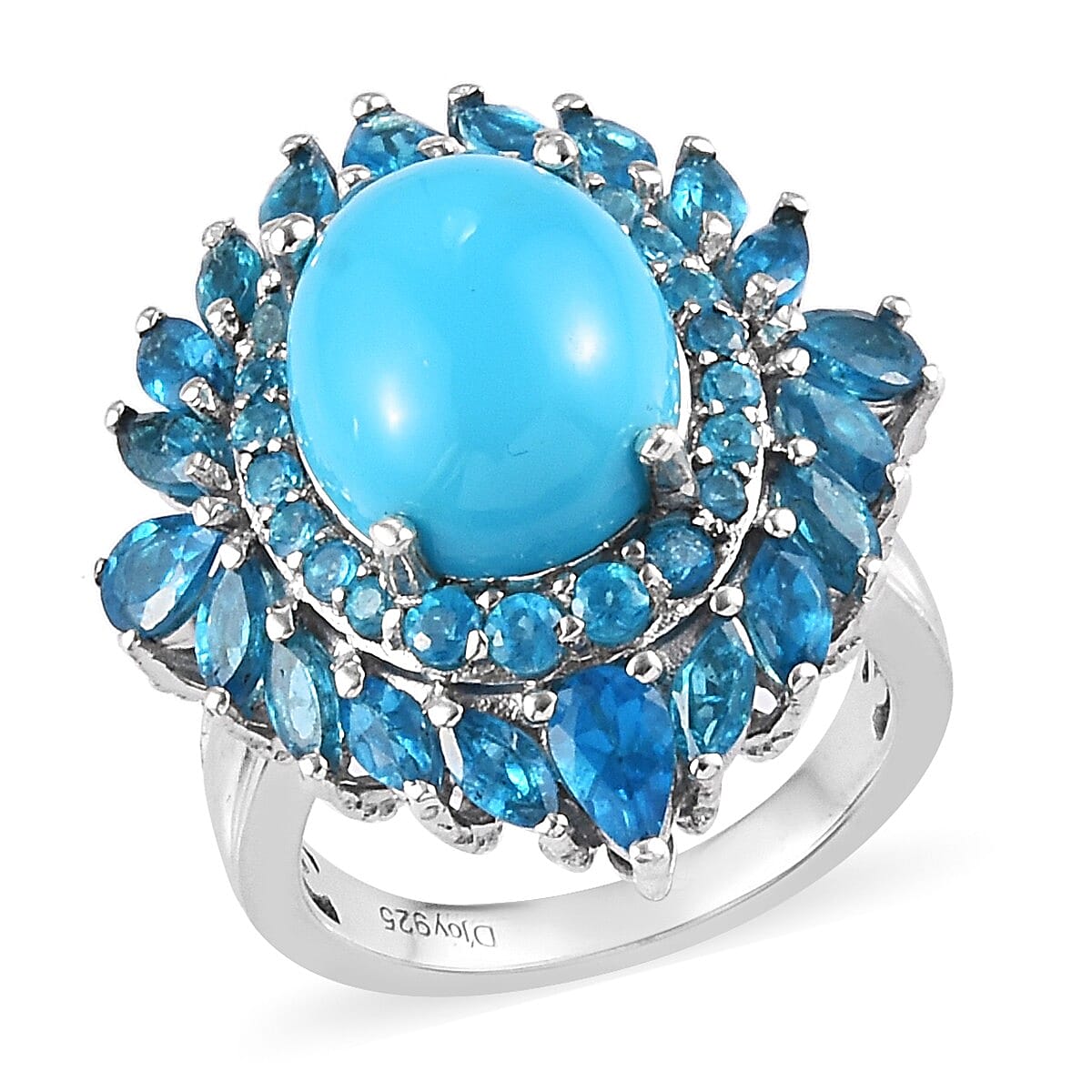 AMERICAN Natural Sleeping Beauty Turquoise (Oval 12x10 mm), Malgache Neon Apatite Cocktail Ring in Platinum Over Sterling Silver (Size 10.0) (7 g) 6.60 ctw (1)