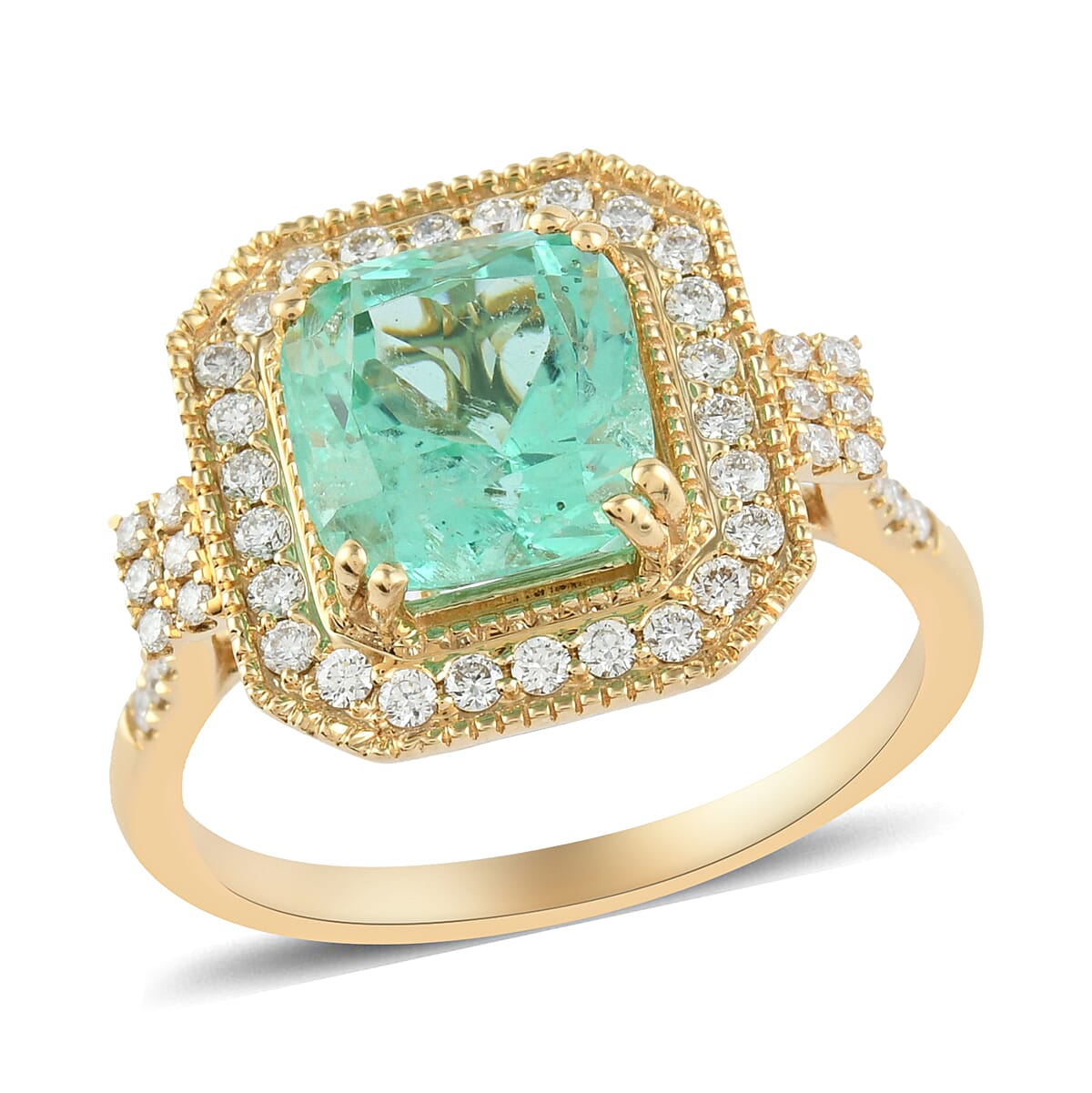 ILIANA 4.50 ctw AAA Boyaca Colombian Emerald and Diamond G-H SI Halo Ring in 18K Yellow Gold (Size 7.0) 2.90 Grams