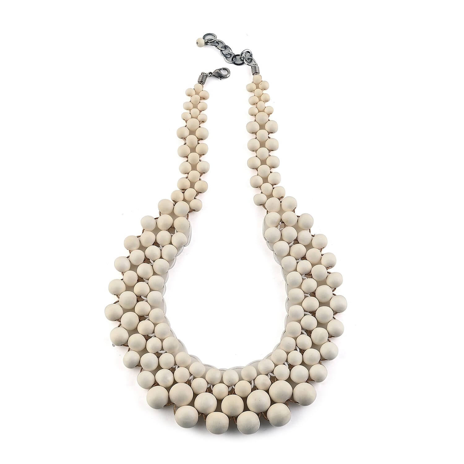 Gray Wooden Beaded & Cotton Cord Bib Necklace 20-22 Inches in Silvertone