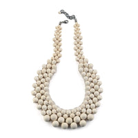 Gray Wooden Beaded & Cotton Cord Bib Necklace 20-22 Inches in Silvertone
