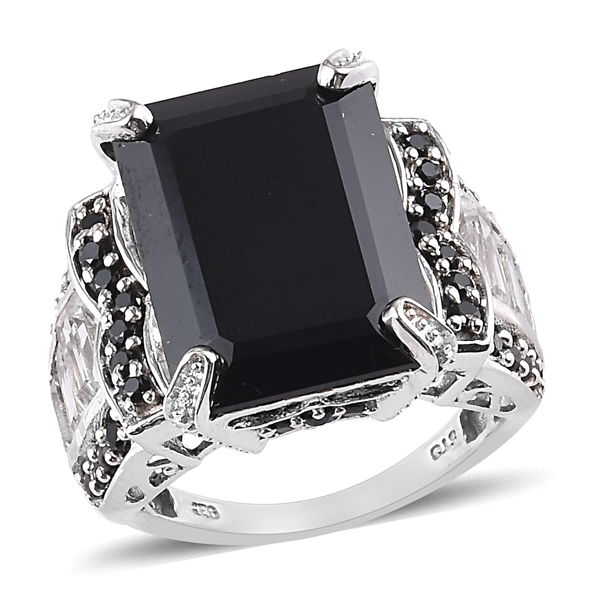 24.40 ctw Natural Thai Black Spinel and White Topaz Ring in Platinum Over Sterling Silver (Size 6.0)