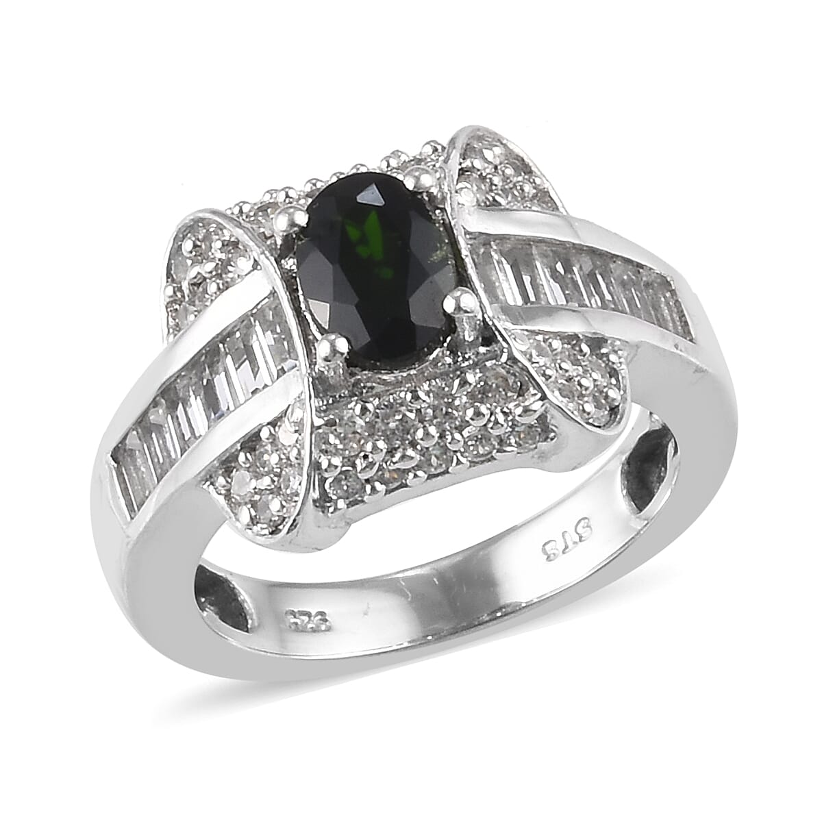 Natural Chrome Diopside and Zircon Ring in Platinum Over Sterling Silver 2.80 ctw