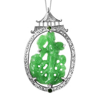 Green Jade (D) Carved, Chrome Diopside Lady in Garden with Sunflower Pendant Necklace 18 Inches in Rhodium Over Sterling Silver 21.15 ctw