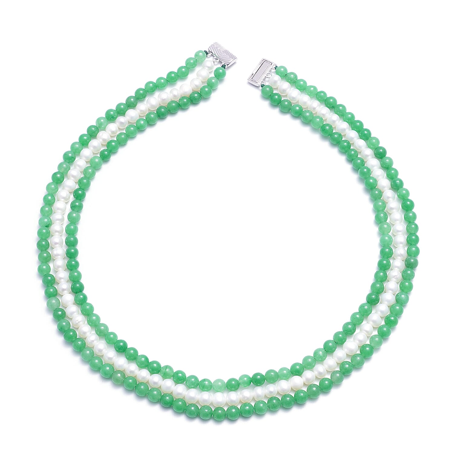 Green Jade and White Freshwater Pearl Triple Row Beaded Necklace 18 Inches in Rhodium Over Sterling Silver 375.50 ctw