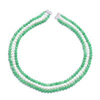 Green Jade and White Freshwater Pearl Triple Row Beaded Necklace 18 Inches in Rhodium Over Sterling Silver 375.50 ctw