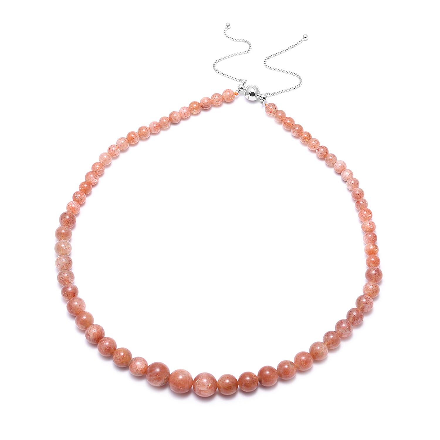 188.00 ctw Natural Tanzanian Golden Sunstone 5-12mm Beads Necklace 18 Inches in Rhodium Over Sterling Silver