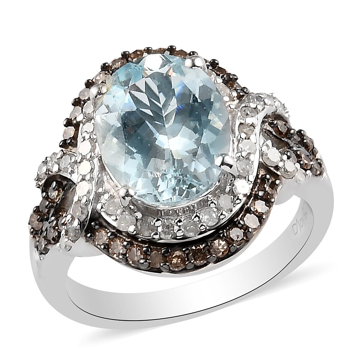 Premium Mangoro Aquamarine, Natural Champagne & White Diamond (0.60 cts) Ring in Platinum Over Sterling Silver (Size 6.0) 2.75 ctw