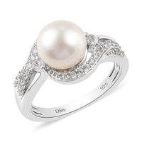South Sea White Cultured Pearl 8-8.9mm and Zircon Ring in Platinum Over Sterling Silver (Size 7.0)