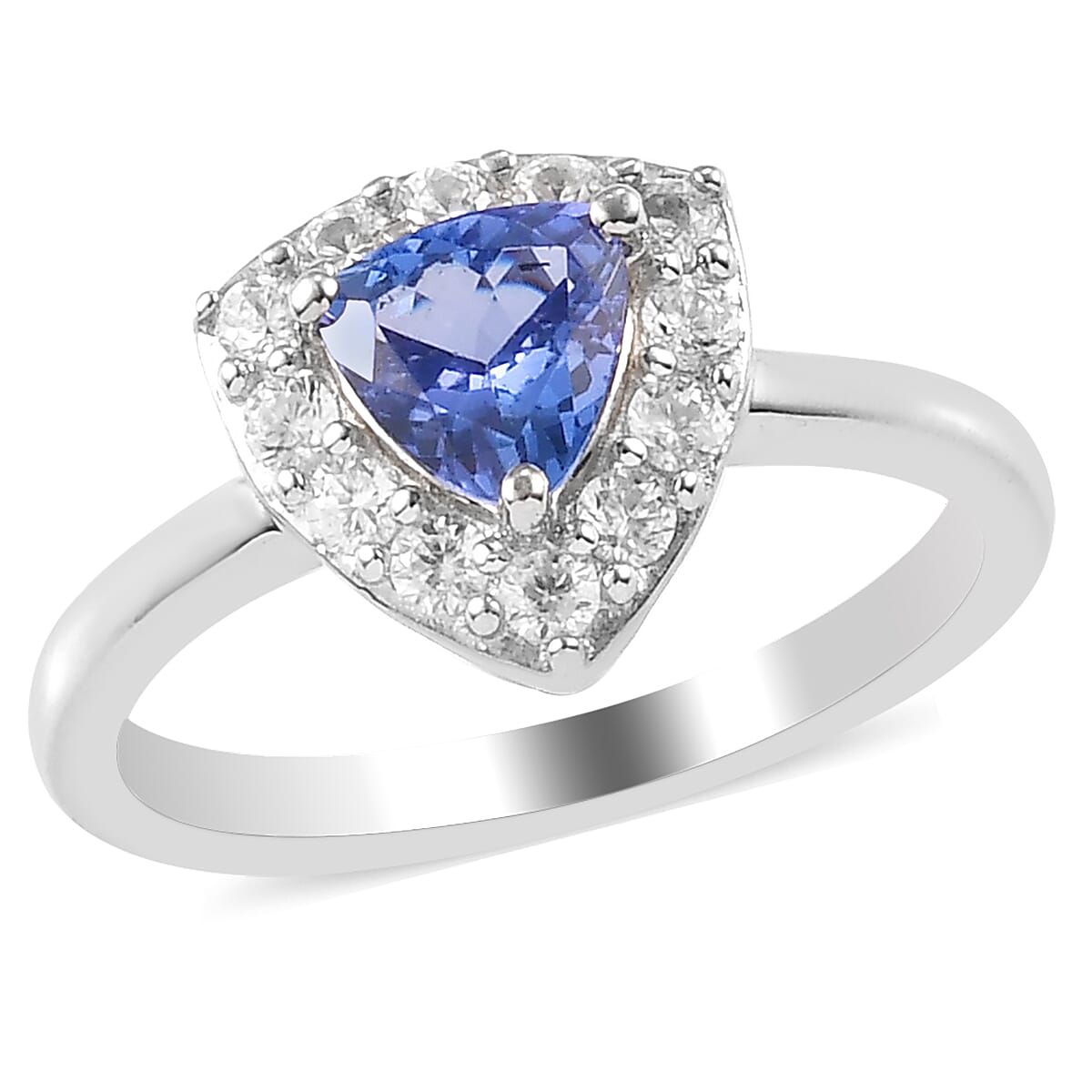 1.00 ctw Tanzanite and Natural White Zircon Halo Ring in Platinum Over Sterling Silver