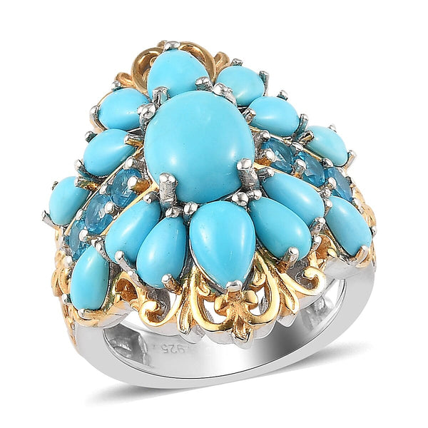 AMERICAN Natural Sleeping Beauty Turquoise, Malgache Neon Apatite Ring in Vermeil YG & Platinum Over Sterling Silver (Size 11.0) 5.30 ctw - Product card gallery slide 1 (10176442892601)
