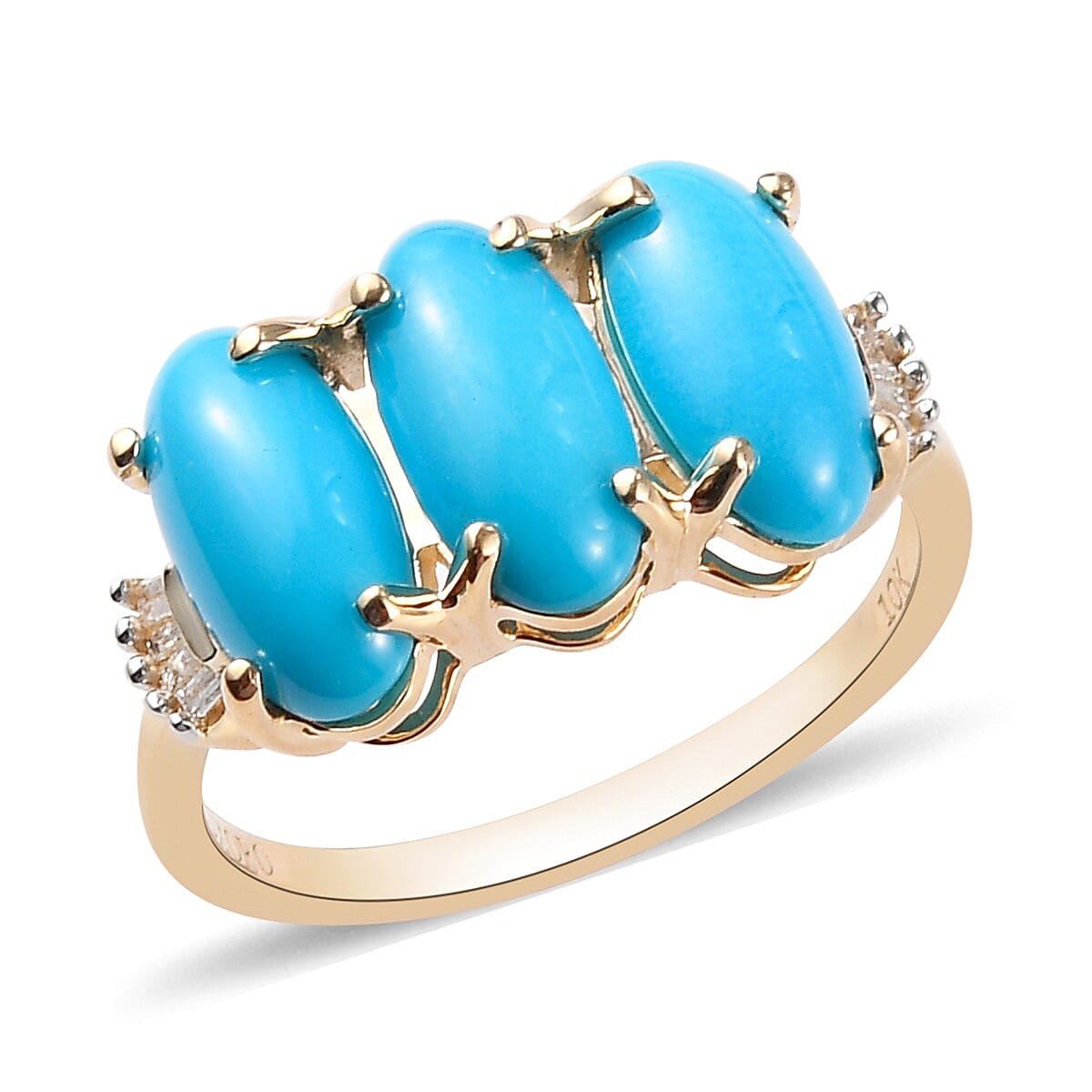 LUXORO 3.50 ctw AAA Natural Arizona Sleeping Beauty Turquoise and Diamond G-H I3 3 Stone Ring in 10K Yellow Gold 4.60 Grams (1)