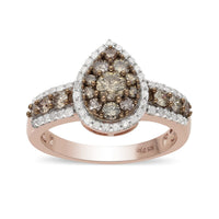 Natural Champagne and White Diamond Ring in Rhodium and Vermeil Rose Gold Over Sterling Silver (Size 7.0) 1.00 ctw