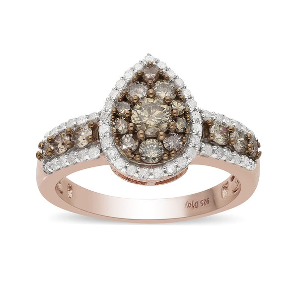 Natural Champagne and White Diamond Ring in Rhodium and Vermeil Rose Gold Over Sterling Silver (Size 7.0) 1.00 ctw - Product card gallery slide 1 (10176442958137)