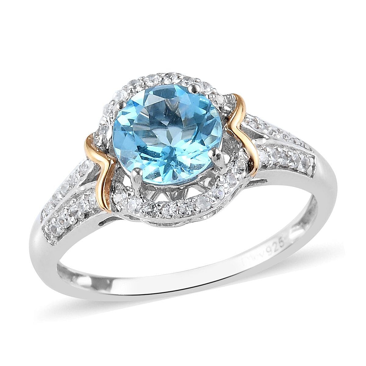 LUXORO 10K Yellow Gold Premium Swiss Blue Topaz and Natural White Zircon Ring in Platinum Over (Size 10.0) 2.40 ctw
