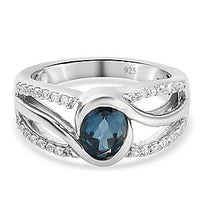 London Blue Topaz and White Zircon 1.14 ctw Ring in Platinum Over Sterling Silver (Size 5.5)