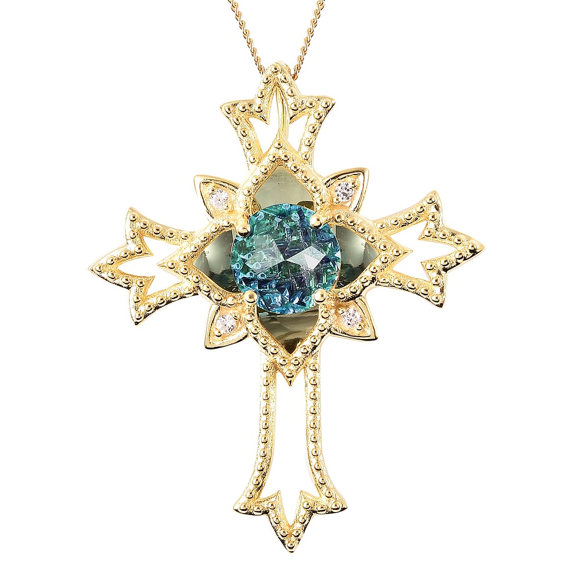 Galatea DavinChi Cut Collection Blue Topaz and Multi Gemstone Cross Pendant Necklace 18 Inches in Vermeil Yellow Gold Over Sterling Silver 2.35 ctw
