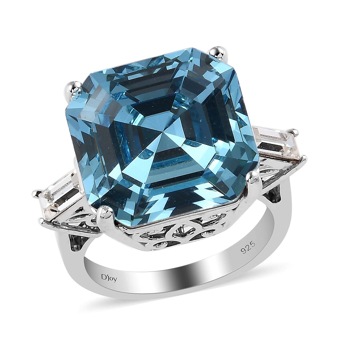 Aquamarine and White Crystal Ring in Platinum Over Sterling Silver (Size 7.0)