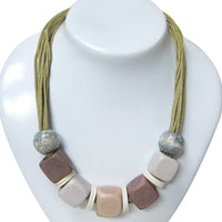 Wooden Beaded Necklace 20 Inches in Silvertone