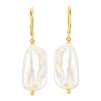 White Keshi Pearl Lever Back Earrings in 14K YG Over Sterling Silver