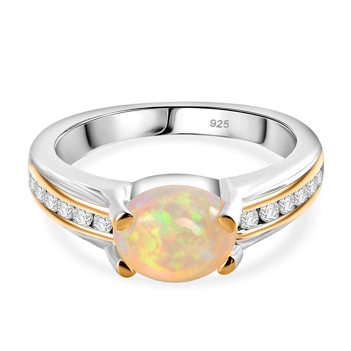 Ethiopian Welo Opal and White Zircon 0.90 ctw Ring in Two-Tone Plated Sterling Silver