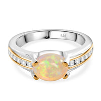 Ethiopian Welo Opal and White Zircon 0.90 ctw Ring in Two-Tone Plated Sterling Silver