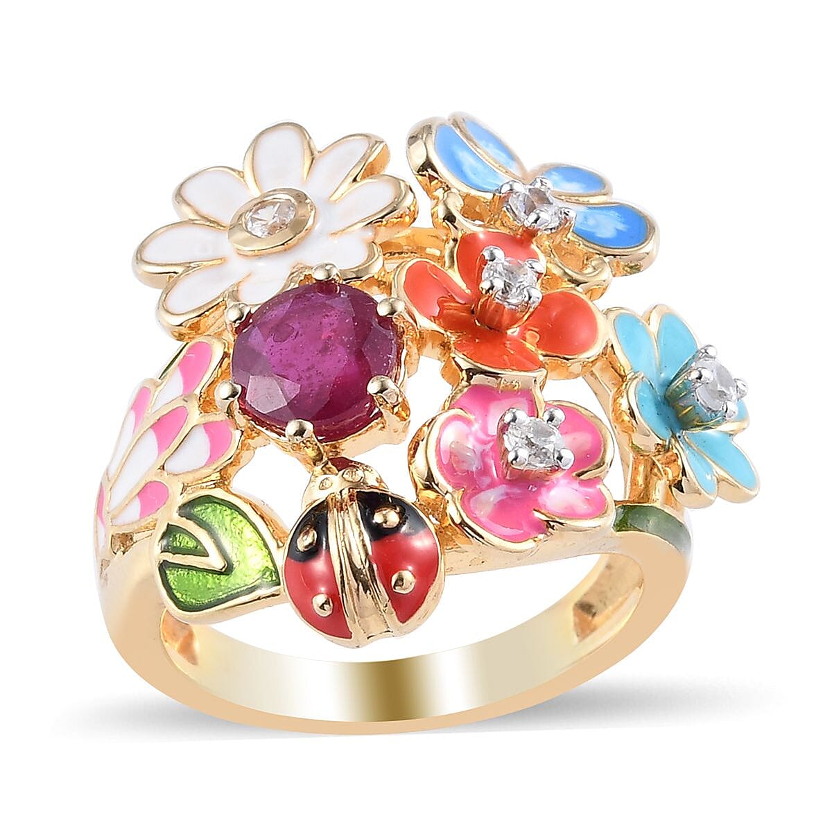 GP Italian Garden Collection Niassa Ruby (FF) and White Zircon Floral Ring in Vermeil Yellow Gold Over Sterling Silver (Size 10.0) 1.75 ctw