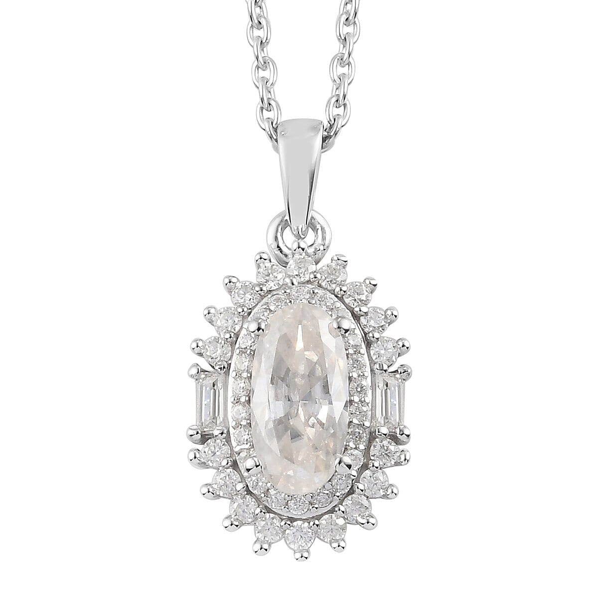 Moissanite VS EF Double Halo Pendant Necklace 20 Inches in Platinum Over Sterling Silver 2.60 ctw