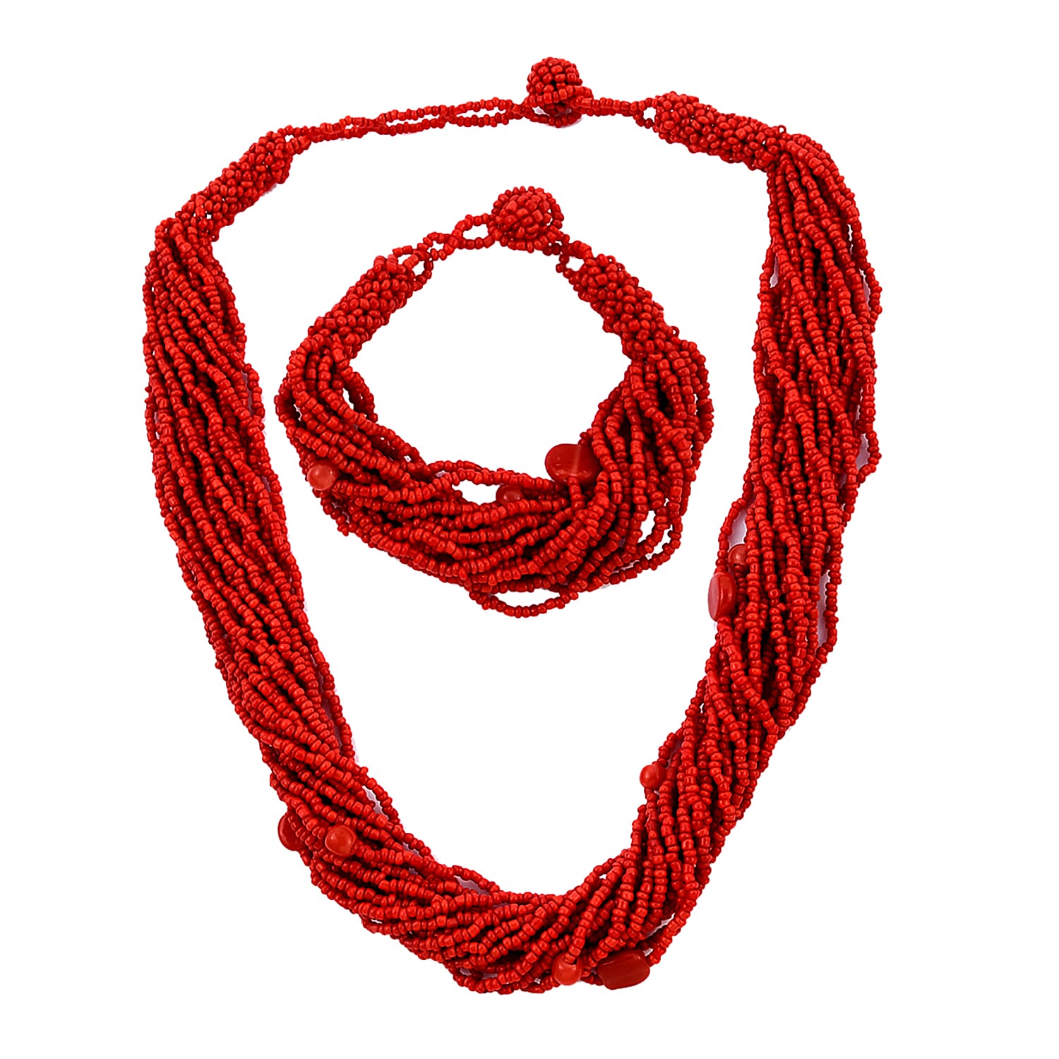 Red Glass Seed Beaded Multi Strand Necklace 18 Inches and Stretch Bracelet