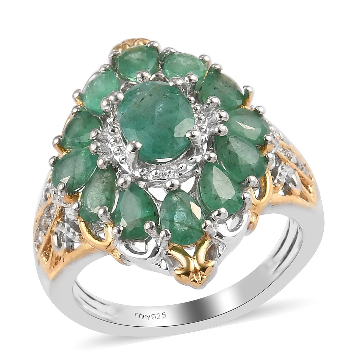 Kagem Zambian Emerald and Zircon Ring in Vermeil Yellow Gold and Platinum Over Sterling Silver (Size 9.0) 2.50 ctw (1)