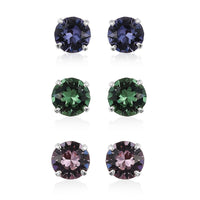 Sterling Silver Set of 3 Solitaire Stud Earrings Made with Erinite, Light Amethyst and Tanzanite Color Crystal from Swarovski