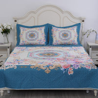 HOMESMART Teal Garden Digital Print 100% Microfiber Quilted Bedspread and 2 Pillow Shams - Queen