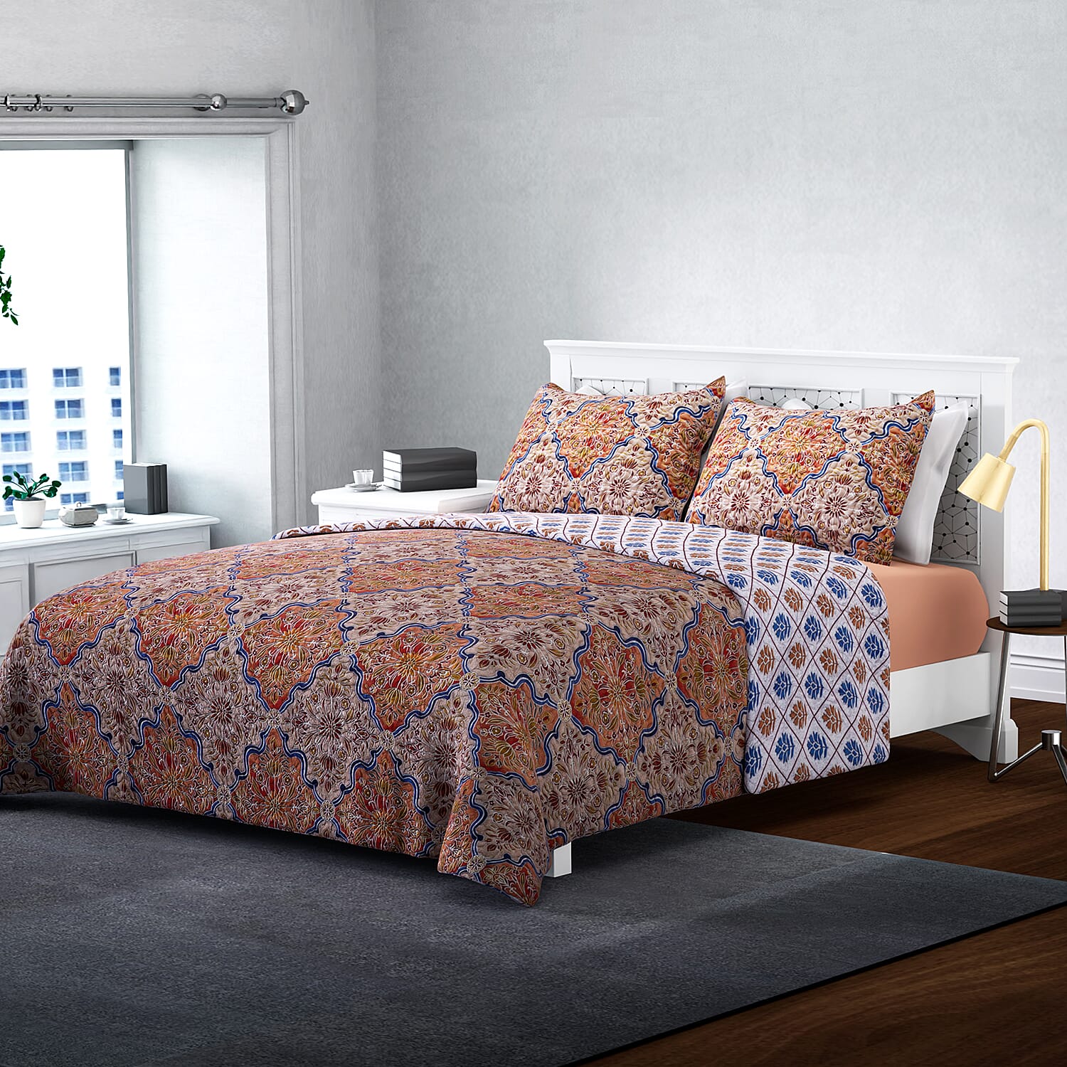 HOMESMART Orange and Blue Printed Microfiber Quilt (Queen) and Set of 2 Shams