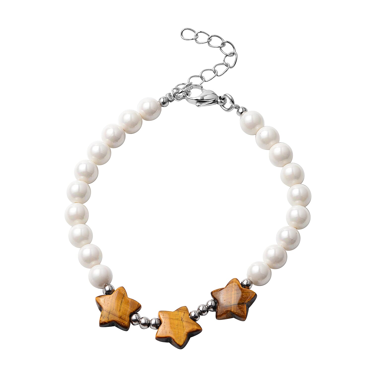 Yellow Tiger's Eye and White Shell Pearl Orion Belt Theme Bracelet in Stainless Steel (7.50 In) 10.50 ctw