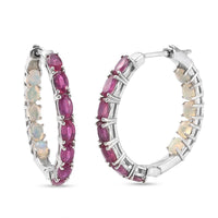 5.80 ctw Niassa Ruby and Ethiopian Welo Opal Hoop Earrings in Platinum Over Sterling Silver
