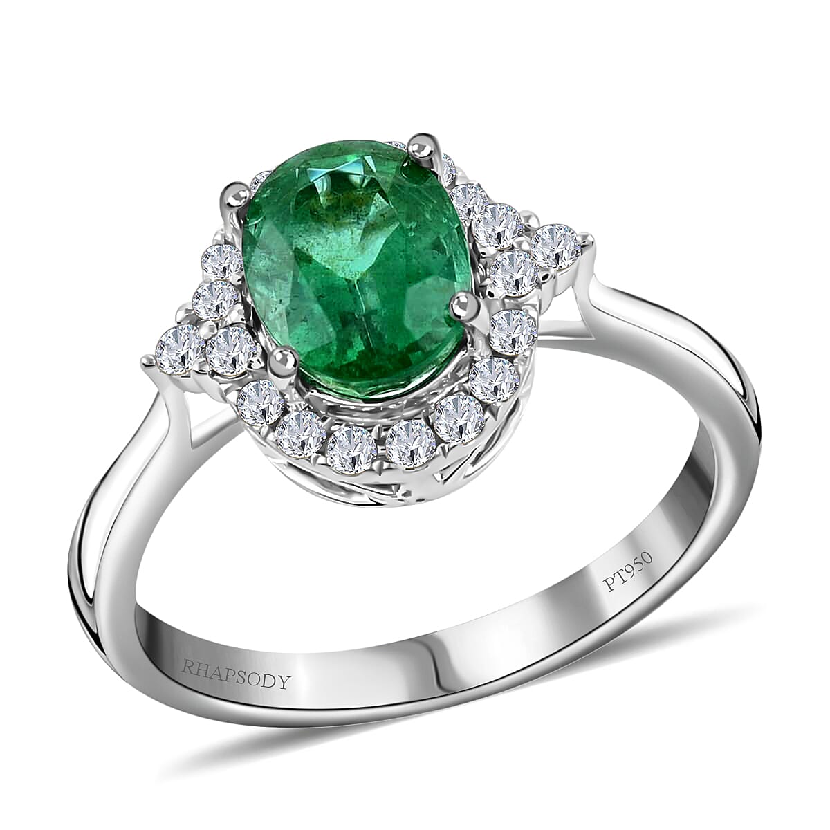 RHAPSODY 950 Platinum AAAA Kagem Zambian Emerald and E-F VS Diamond Ring 5.90 Grams 1.50 ctw