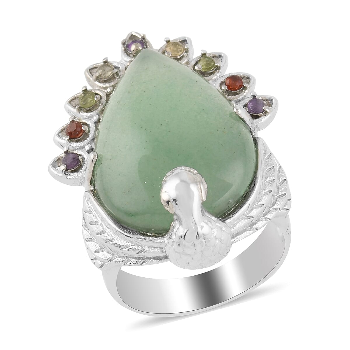 Green Aventurine and Multi Gemstone Cocktail Ring in Stainless Steel (Size 7.0) 23.00 ctw