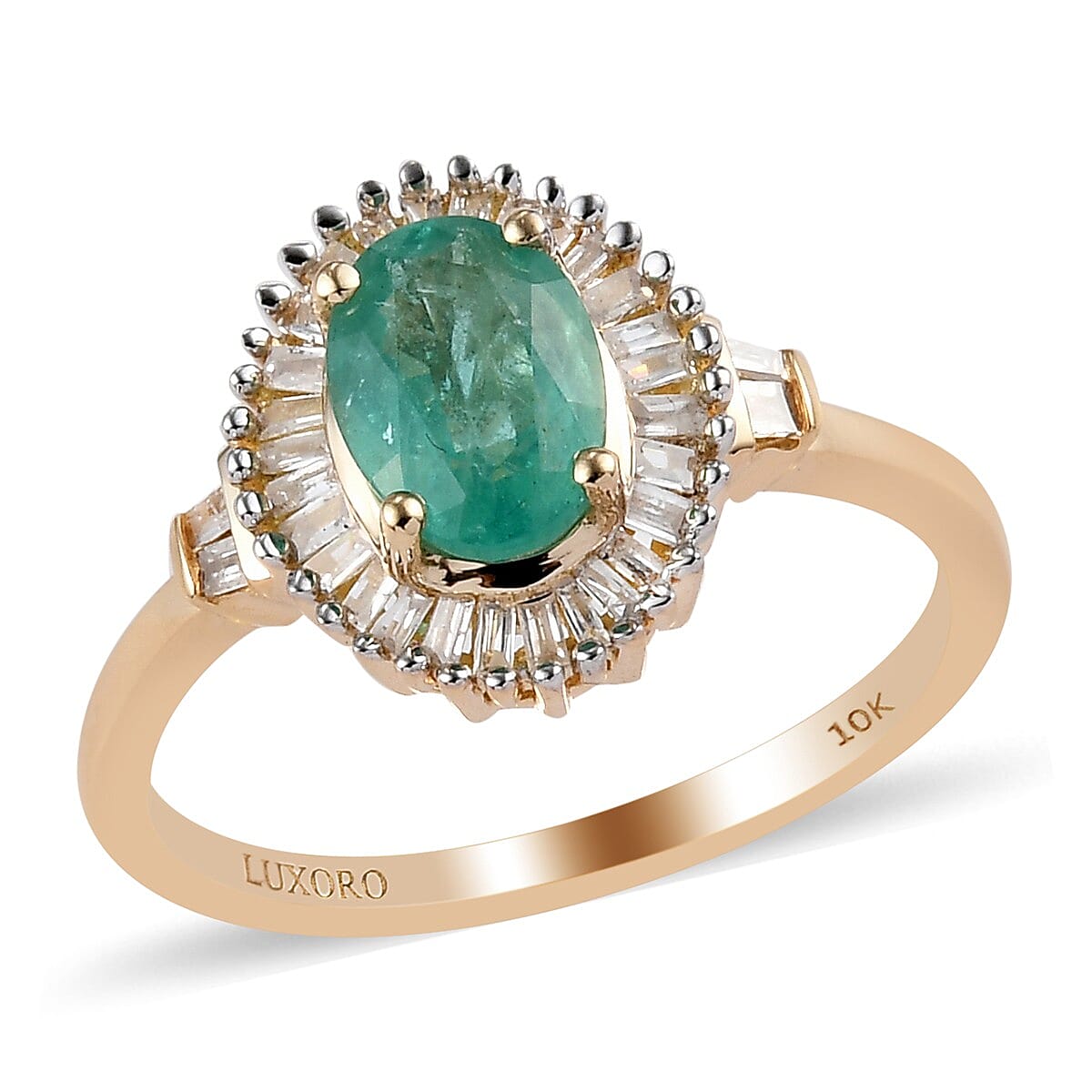 LUXORO 10K Yellow Gold AAA Kagem Zambian Emerald and G-H I3 Diamond Halo Ring (Size 10.0) 2 Grams 0.90 ctw